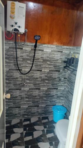 a bathroom with a shower and a toilet in a room at The Aisyah Cabin in Wonosobo