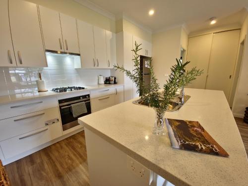 a kitchen with white cabinets and a vase of flowers on a counter at Piper Apartment in Bathurst