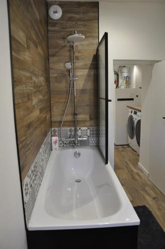 La salle de bains est pourvue d'une baignoire et d'une douche. dans l'établissement LedouxLand House near Disney, à Bailly-Romainvilliers