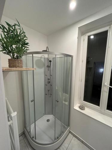 La salle de bains est pourvue d'une cabine de douche et d'une plante. dans l'établissement La danse des vagues, vue mer, à Fécamp