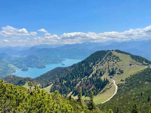 a view from the top of a mountain with a lake at Teddis Traubing in Tutzing