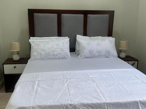 a large bed with white sheets and pillows at Blue wave loft master bedroom in Dar es Salaam