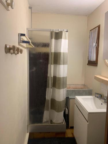 a bathroom with a shower curtain and a sink at Slyre in Cap d'Agde