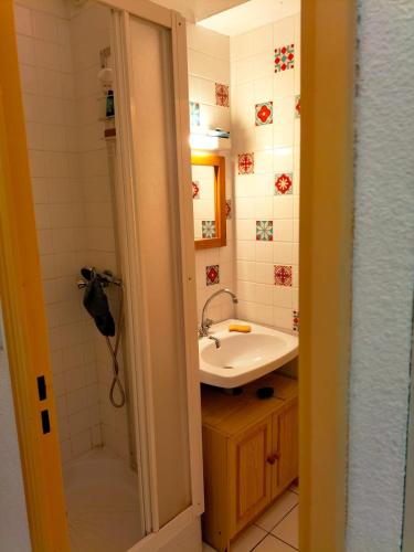 une salle de bain avec un lavabo et une douche dans l'établissement F2 en front de mer à narbonne plage, à Narbonne