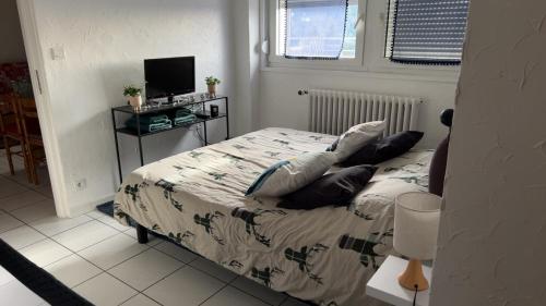- une chambre avec un lit doté d'oreillers et une télévision dans l'établissement Appartement sur les hauteurs de Gérardmer, à Gérardmer