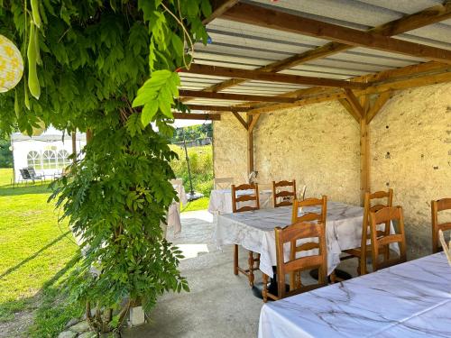 a room with a table and chairs and a tree at La Distillerie 1881 in Aillevillers-et-Lyaumont