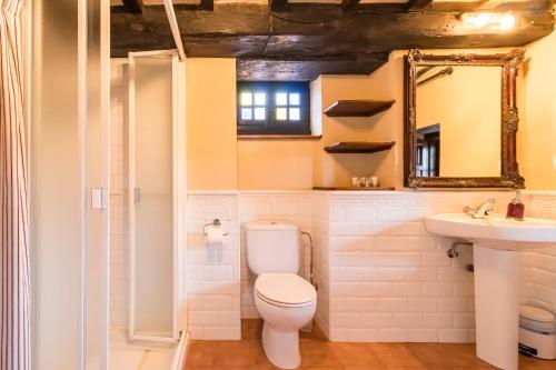 ein Badezimmer mit Toilette, Waschbecken und Spiegel in der Unterkunft La Casona in San Vicente de la Barquera