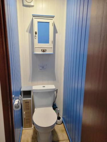La petite salle de bains est pourvue de toilettes blanches et d'un miroir. dans l'établissement Belle villa d'angle climatisée, residence TAMARIS, wifi, 2 chambres 4 couchages PORTIRAGNES PLAGE LRTAMM1, à Portiragnes