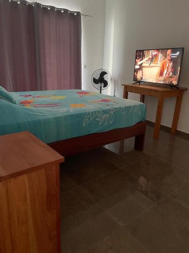 a bedroom with a bed and a flat screen tv at Casa Tubarào in Vila do Maio