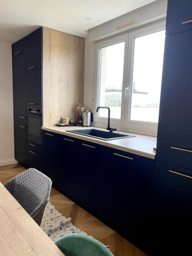 une cuisine avec un évier et une fenêtre dans l'établissement Le Duplex avec Rooftop, à Lyon