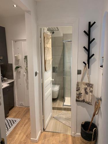 La salle de bains est pourvue d'une douche, de toilettes et d'une porte. dans l'établissement GUIGLIA - Le cosy des musiciens, a 8 min a pieds du Negresco, à Nice