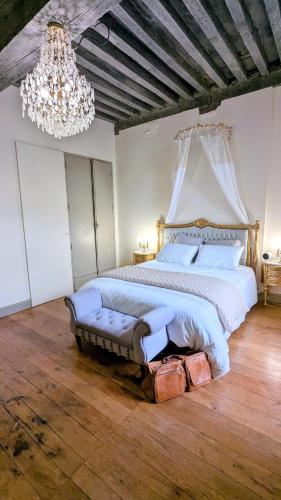 - une chambre avec un grand lit et un lustre dans l'établissement Boudoir de la Sagesse, à Périgueux