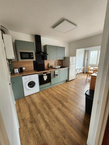 une grande cuisine avec des armoires vertes et un lave-linge blanc dans l'établissement Appartement nantais 4 chambres, à Nantes