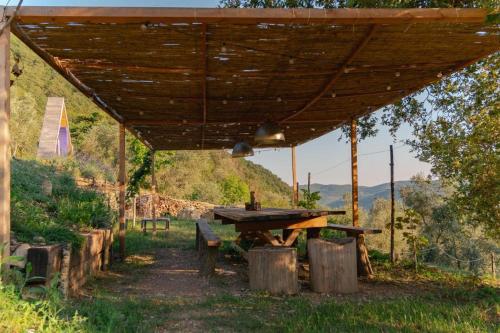 a picnic table under a wooden roof in a field at Arya in Chiusanico