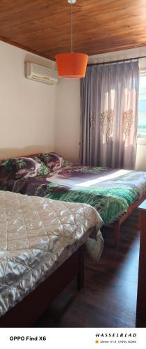 a bedroom with two beds and a window at Siamese Villa in Paralimni