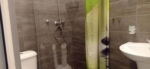 ein Badezimmer mit Dusche, Toilette und Waschbecken in der Unterkunft Hostel 48a in Tbilisi City