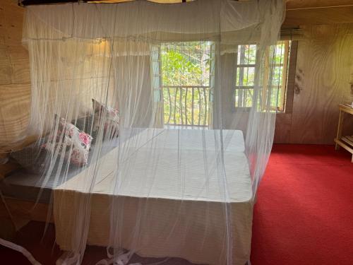 a bed with a canopy in a room at Steps Garden Resort in Negombo