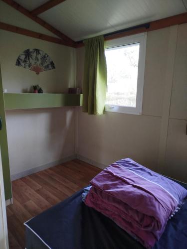 une petite pièce avec un lit et une fenêtre dans l'établissement Camping Pommiers des Trois Pays, à Licques