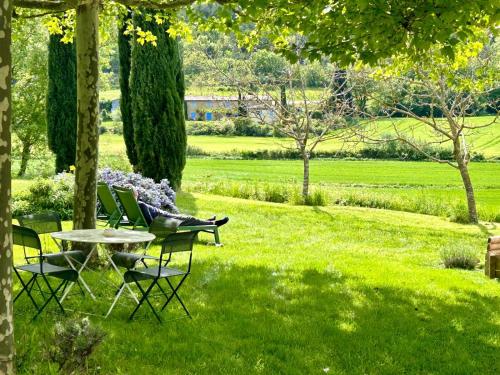 une table et des chaises dans une cour herbeuse arborée dans l'établissement Mas1850 en Drôme provençale, à La Bégude-de-Mazenc
