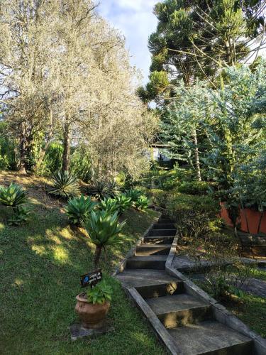a garden with a stone path in the grass at Pousada dos Pássaros in Santo Antônio do Pinhal