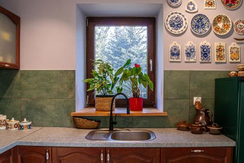 a kitchen sink with a window and plates on the wall at Drzemka in Ruda