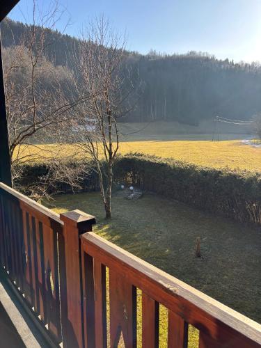 a deck with a view of a field with a bird at Apartments Steinwänd in Grünau im Almtal