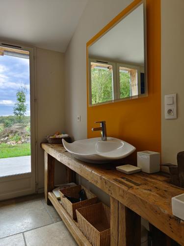 une salle de bain avec un lavabo et un miroir dans l'établissement Gite Valades - avec piscine et vue, à Saint-Antonin