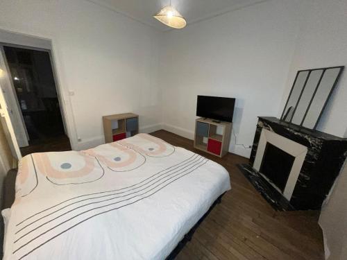 une chambre avec un lit blanc et une télévision dans l'établissement Bel appartement centre gare, à Nancy