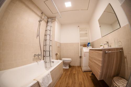 a bathroom with a tub and a toilet and a sink at Flow Apartments WINKEL STUDIO in Merano