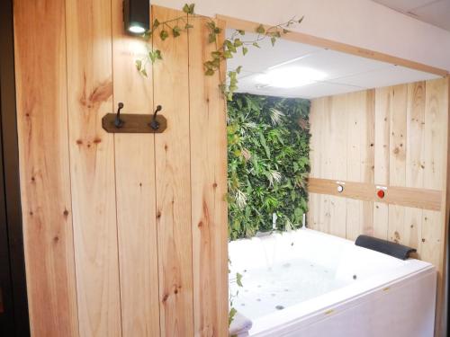łazienka z wanną i zieloną ścianą w obiekcie HOTEL DU BERRY - Loveroom avec Sauna, Hammam, Jacuzzi privatifs w mieście Reuilly