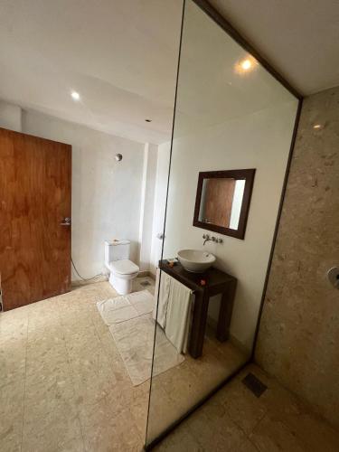 a bathroom with a sink and a toilet and a mirror at Red Mangrove in Bentota