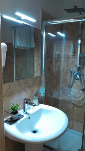 a bathroom with a white sink and a shower at Rainbow Sweet Rooms in Valmontone