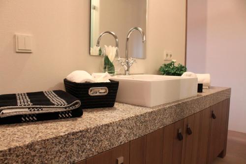 a bathroom with a white sink and a mirror at Burg Falkenberg in Falkenberg