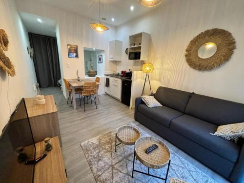 ein Wohnzimmer mit Sofa und Tisch in der Unterkunft Le Nid en Rotin Apartment in Montbéliard