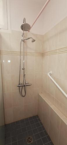 a shower in a tiled bathroom with a bath tub at Ma Ré'Son Salée in Loix