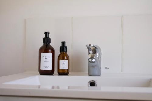 un par de botellas sentadas en un fregadero de cocina en Gites de la Vergne, en Adriers