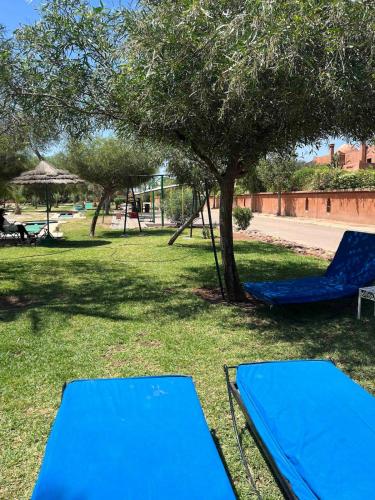 two blue trampas in a park with a tree at Marrakech River Palm in Dar Caïd Layadi