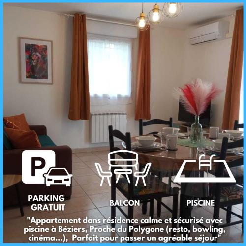 a living room with a table and a dining room at L'Étoile Biterroise - Appartement de Vacances avec Piscine et Parking gratuit à Béziers in Béziers
