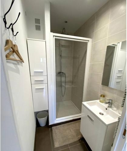 une salle de bain blanche avec une douche et un lavabo dans l'établissement Le Cosy Porte de Lyon, à Tassin-la-Demi-Lune