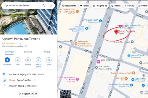 a screenshot of a google maps page with a red circle at Exclusive BGC Condo at Uptown Area #upt136d in Manila