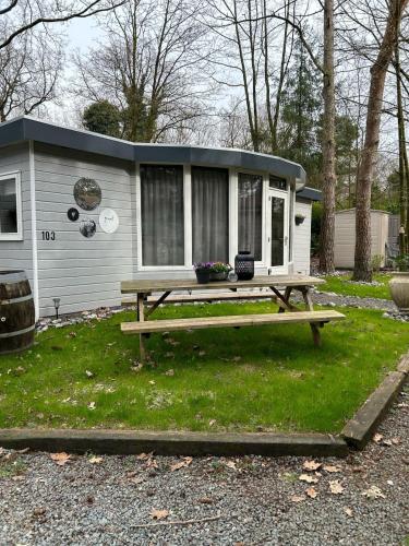 a tiny house with a picnic table in the yard at Spacious Two Person Chalet in Hattemerbroek