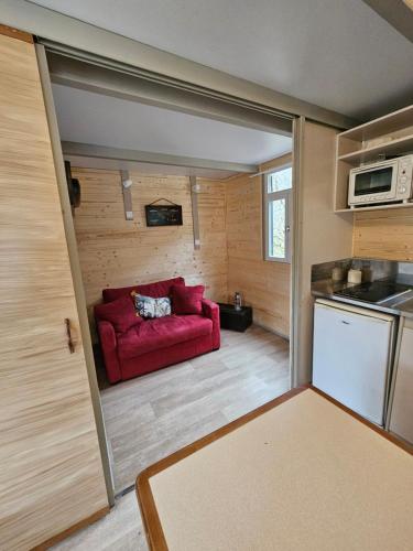 - un salon avec un canapé rouge dans une petite maison dans l'établissement La cabane des sagnas, à Châtillon-en-Diois