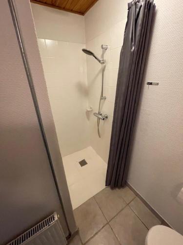 a bathroom with a shower and a toilet at Marskferie Tønder in Tønder