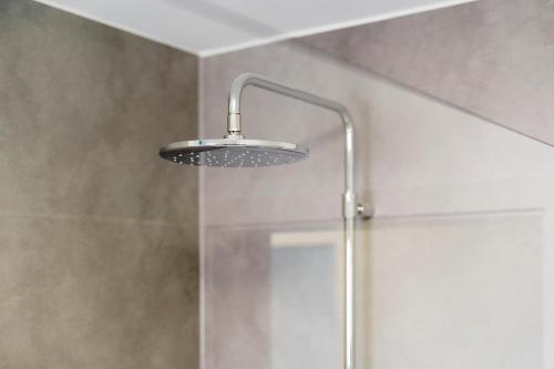 a shower with a shower head in a bathroom at DÜNENGRAS im Beerkutscherhuus in Langeoog