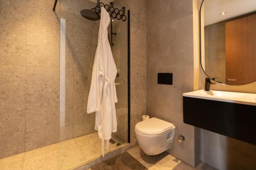 a bathroom with a shower and a toilet and a sink at Studio Ferme Bretonne, Bien Desservi & Salle Gym in LʼOasis