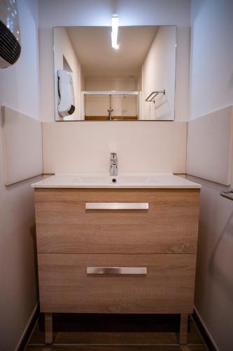 une salle de bain avec un lavabo et un miroir dans l'établissement Village de vacances Le Serre de la Can, à Saint-Germain-de-Calberte