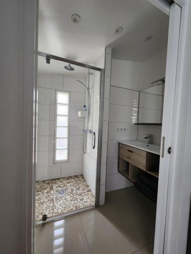 une salle de bain blanche avec une douche et un lavabo dans l'établissement Le Loft Minimaliste, à Savigny-sur-Orge