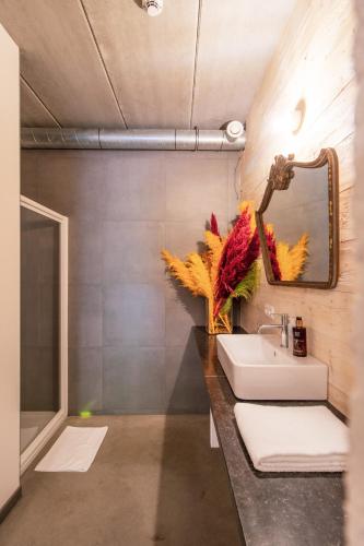 a bathroom with a sink and a mirror at Daft Hotel in Malmedy