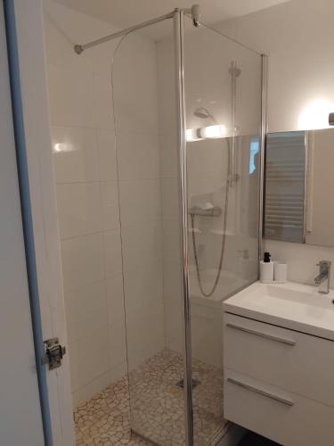 une salle de bain avec douche et lavabo dans l'établissement Appartement vue latérale mer proche marché Arago, à Les Sables-dʼOlonne