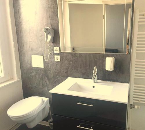 a bathroom with a sink and a toilet at Pension am Pollingpark Haus II in Dessau
